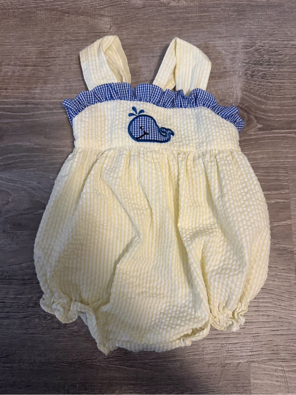 Yellow Seersucker Whale Bubble Romper with Blue Trim